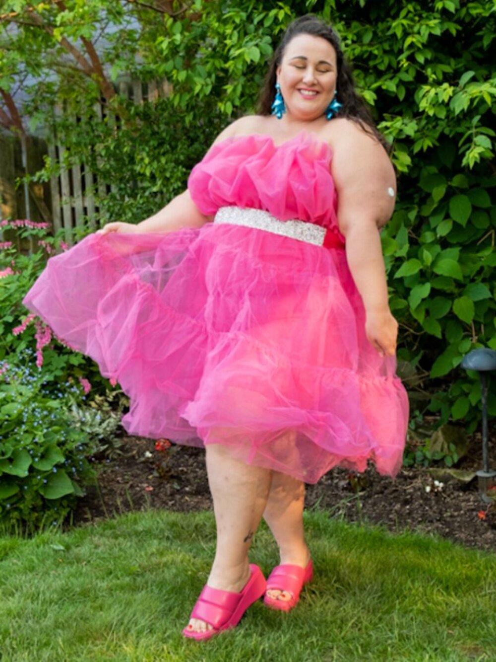 Ashley Stewart Pink Tiered Ruffle Strapless Party Dress with Rhinestone Belt